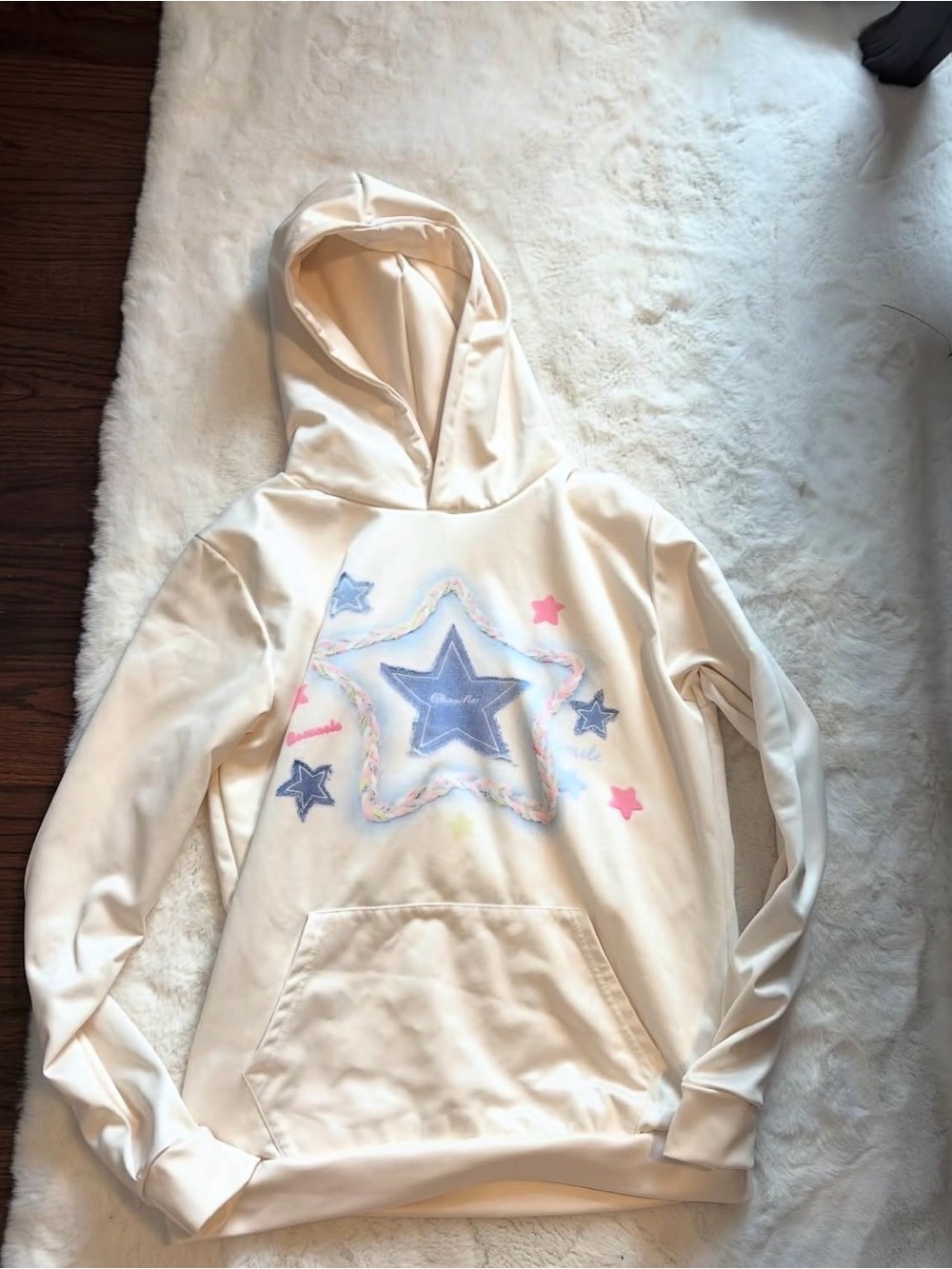 SHEIN Cream Hoodie with Blue and Pink Star Print